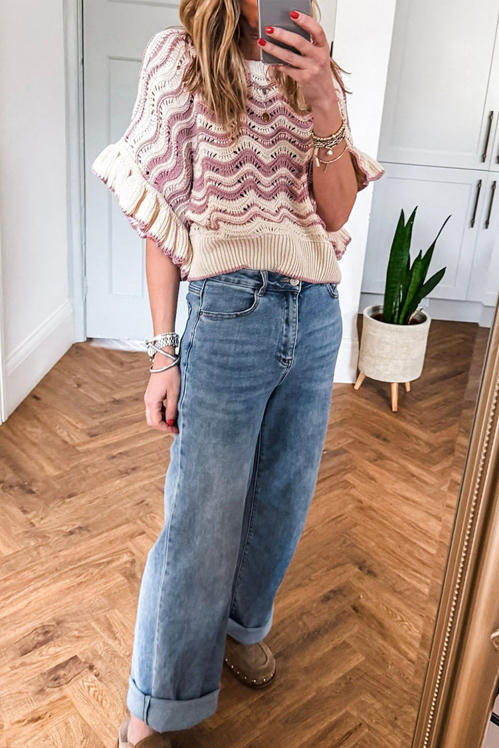 Wavy Stripe Ruffle 3/4 Sleeve Crochet Sweater