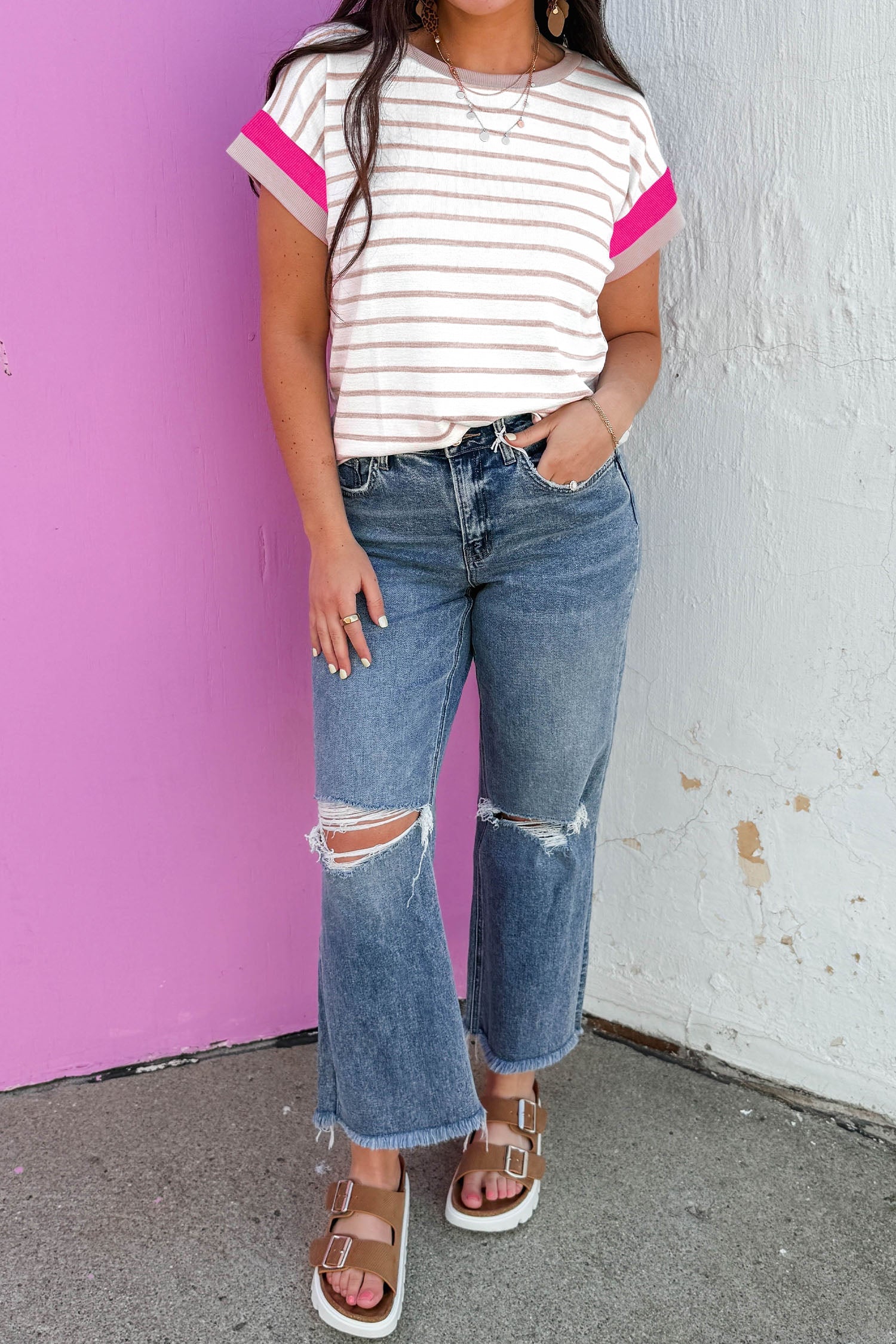 Stripe Colorblock Trim Short Sleeve Top