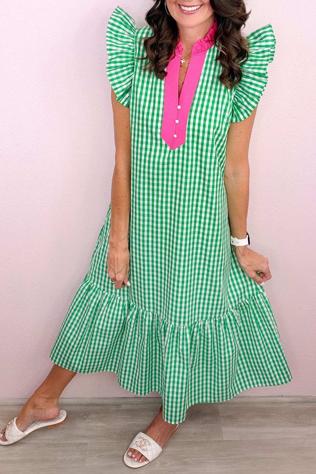 Gingham Colorblock Ruffle Sleeve Midi Dress