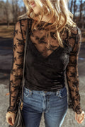 Lace Mesh Crochet Long Sleeve Blouse