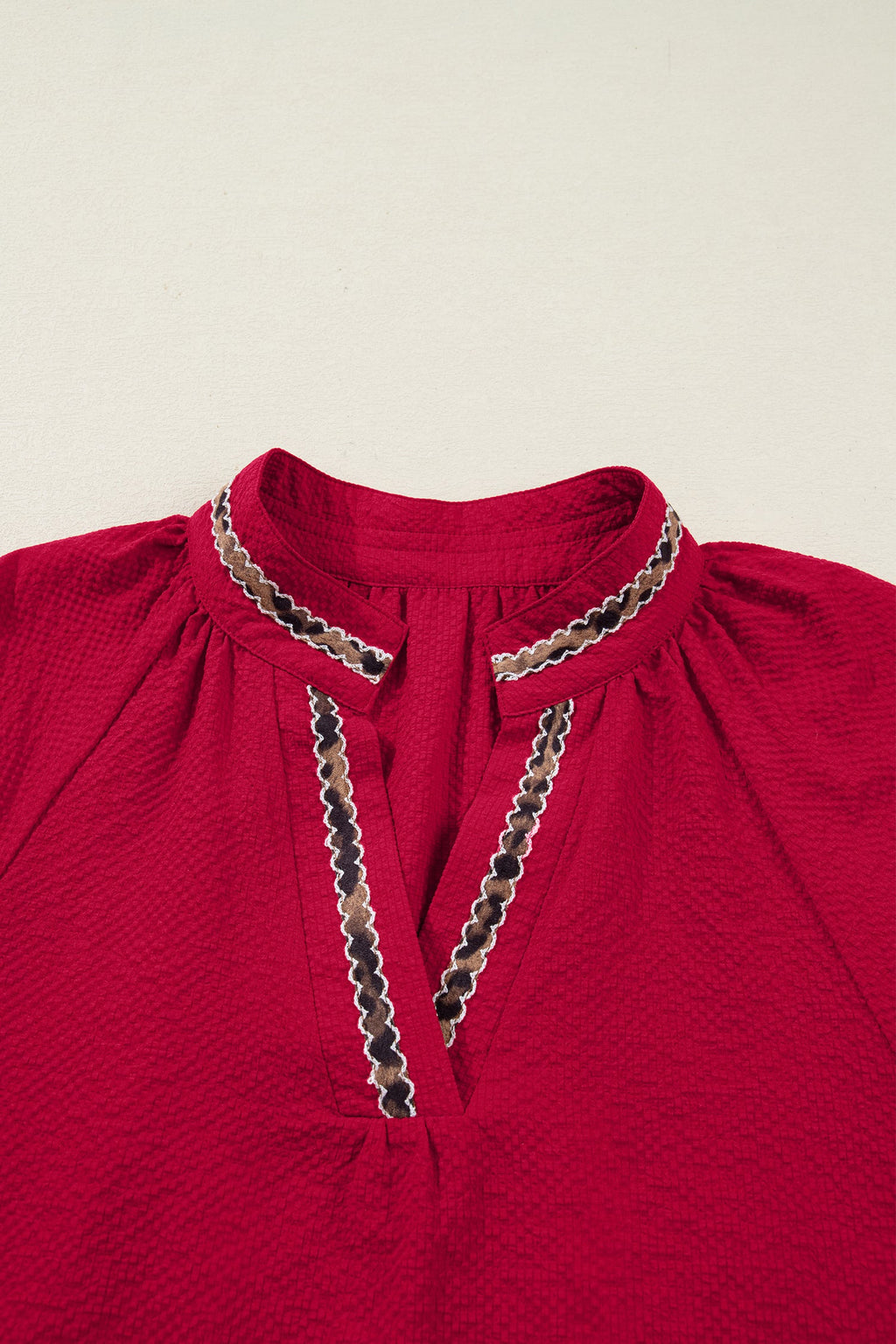 Leopard Contrast Trim V-Neck Long Sleeve Blouse