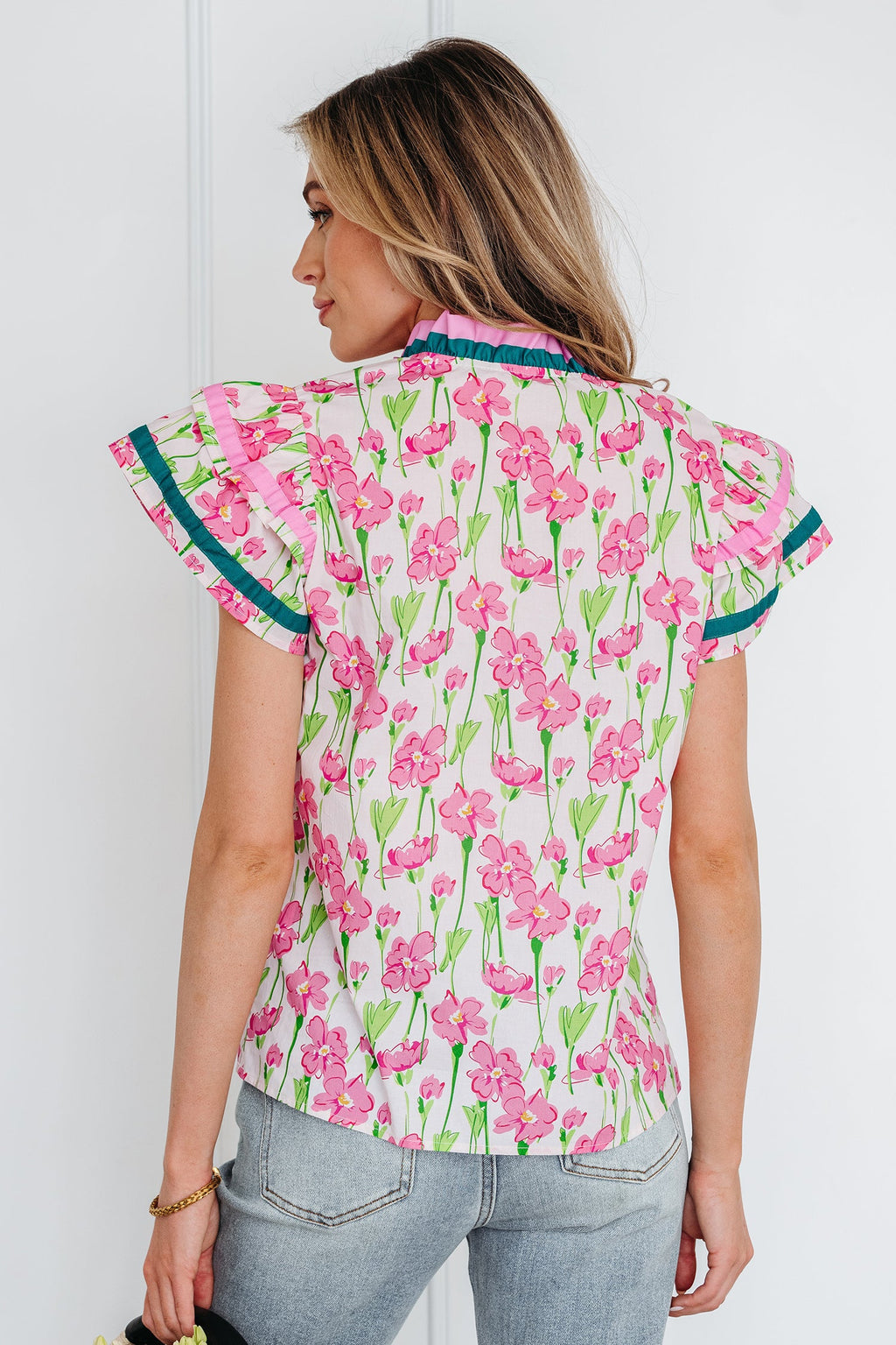 Floral Contrast Trim V-Neck Ruffle Short Sleeve Blouse