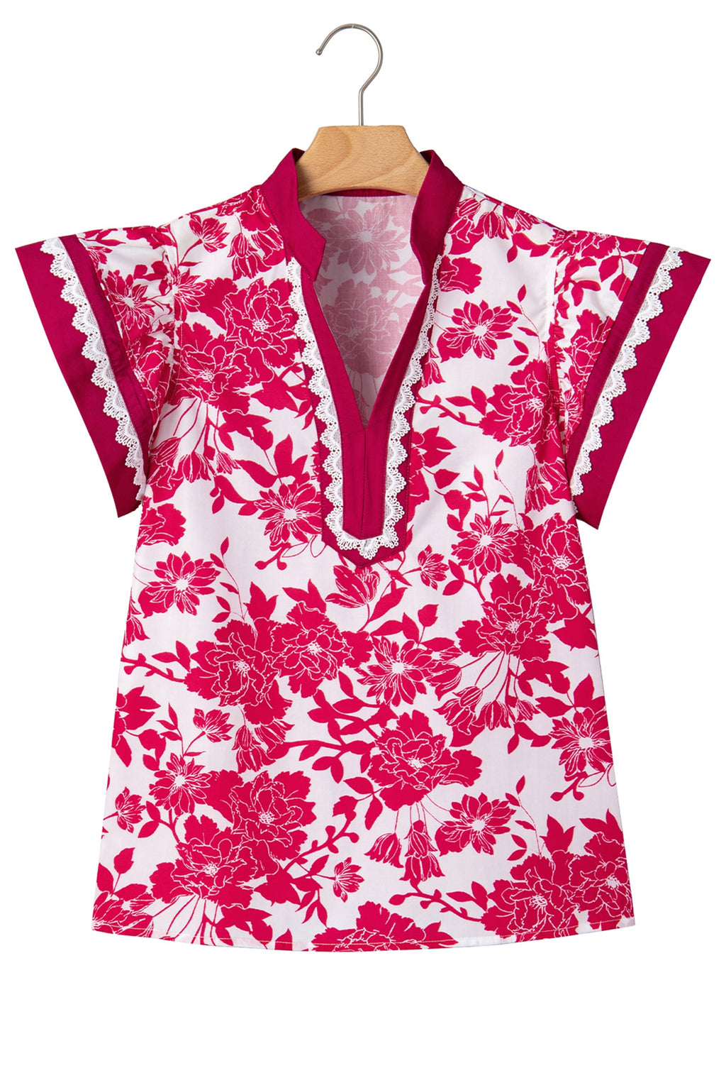 Floral Colorblock Lace V-Neck Flutter Sleeve Blouse