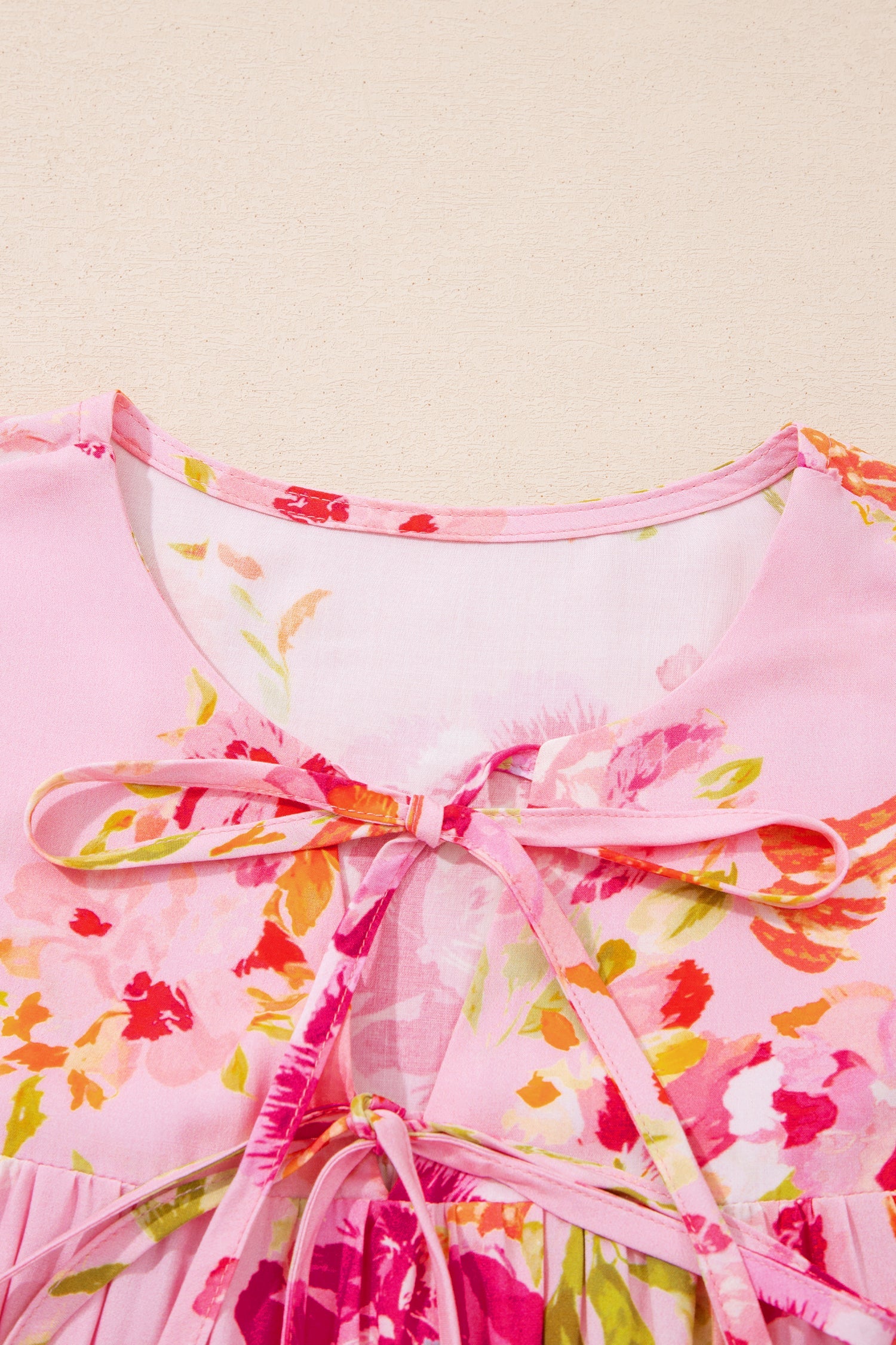 Floral Tie Neck 3/4 Puff Sleeve Blouse