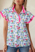 Floral Colorblock Flutter Sleeve Half Button Blouse