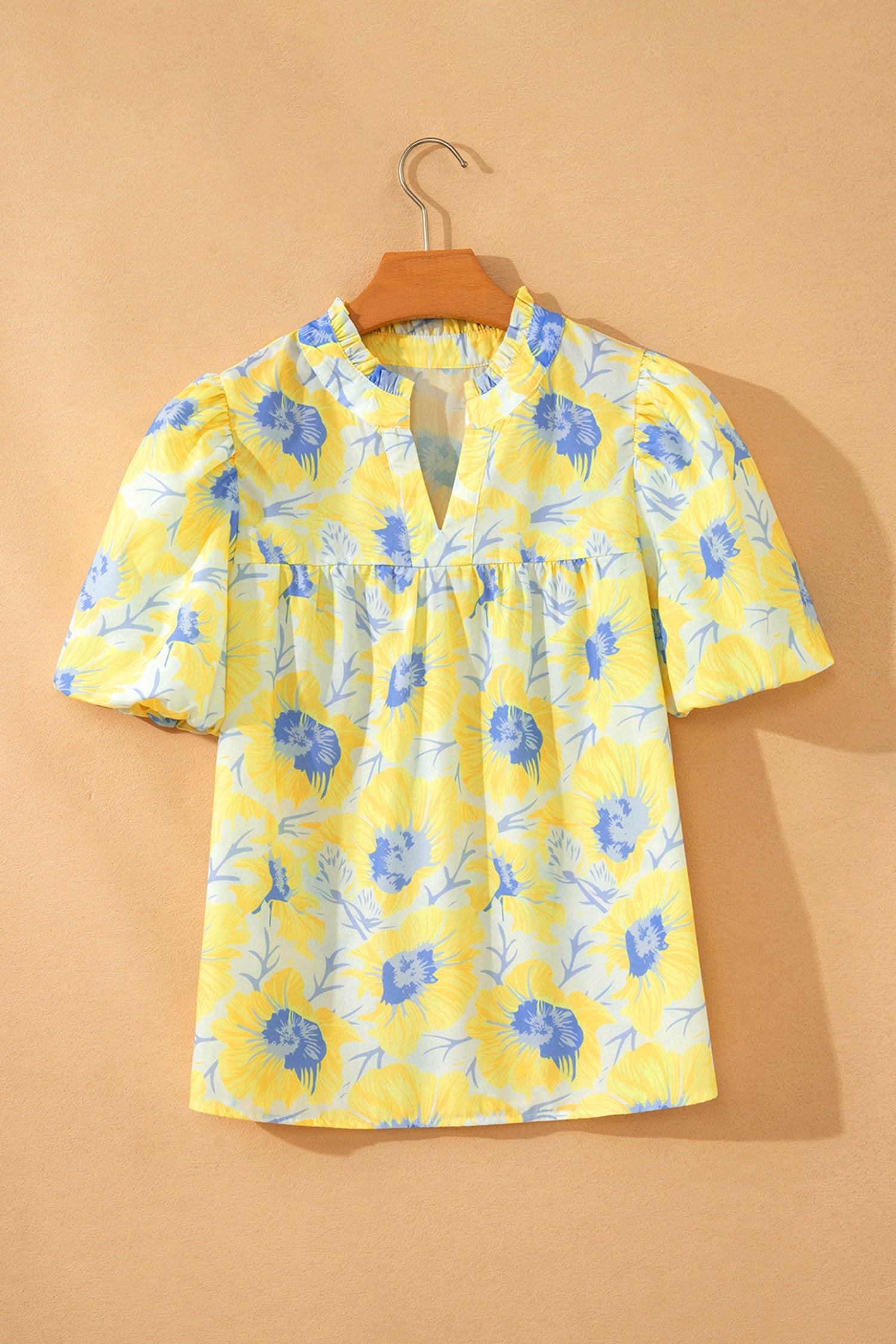 Floral Short Bubble Sleeve V-Neck Blouse