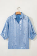 Metallic Collared V-Neck 3/4 Sleeve Top