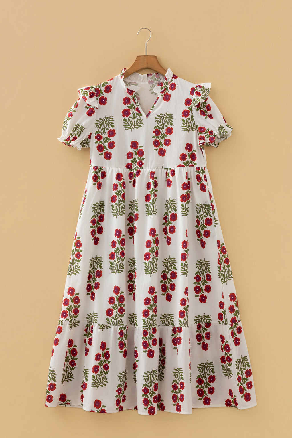 Floral V-Neck 3/4 Puff Sleeve Mini Dress