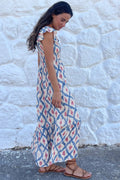 Boho Geometric Smocked Square Neck Ruffle Dress