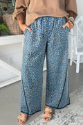 Leopard Exposed Seam Wide Leg Drawstring Jeans