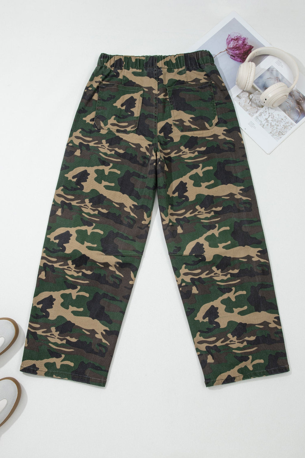 Camo Denim Patch Pocket Drawstring Barrel Leg Jeans