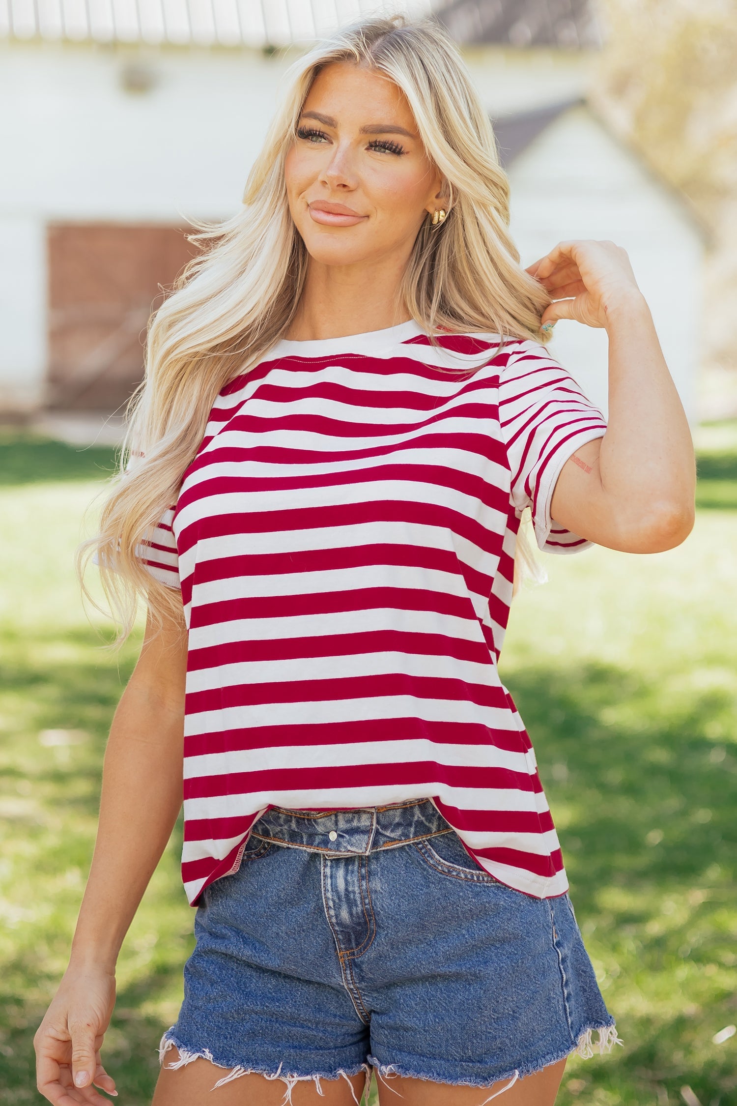 Stripe Patchwork Round Neck Short Sleeve T-Shirt