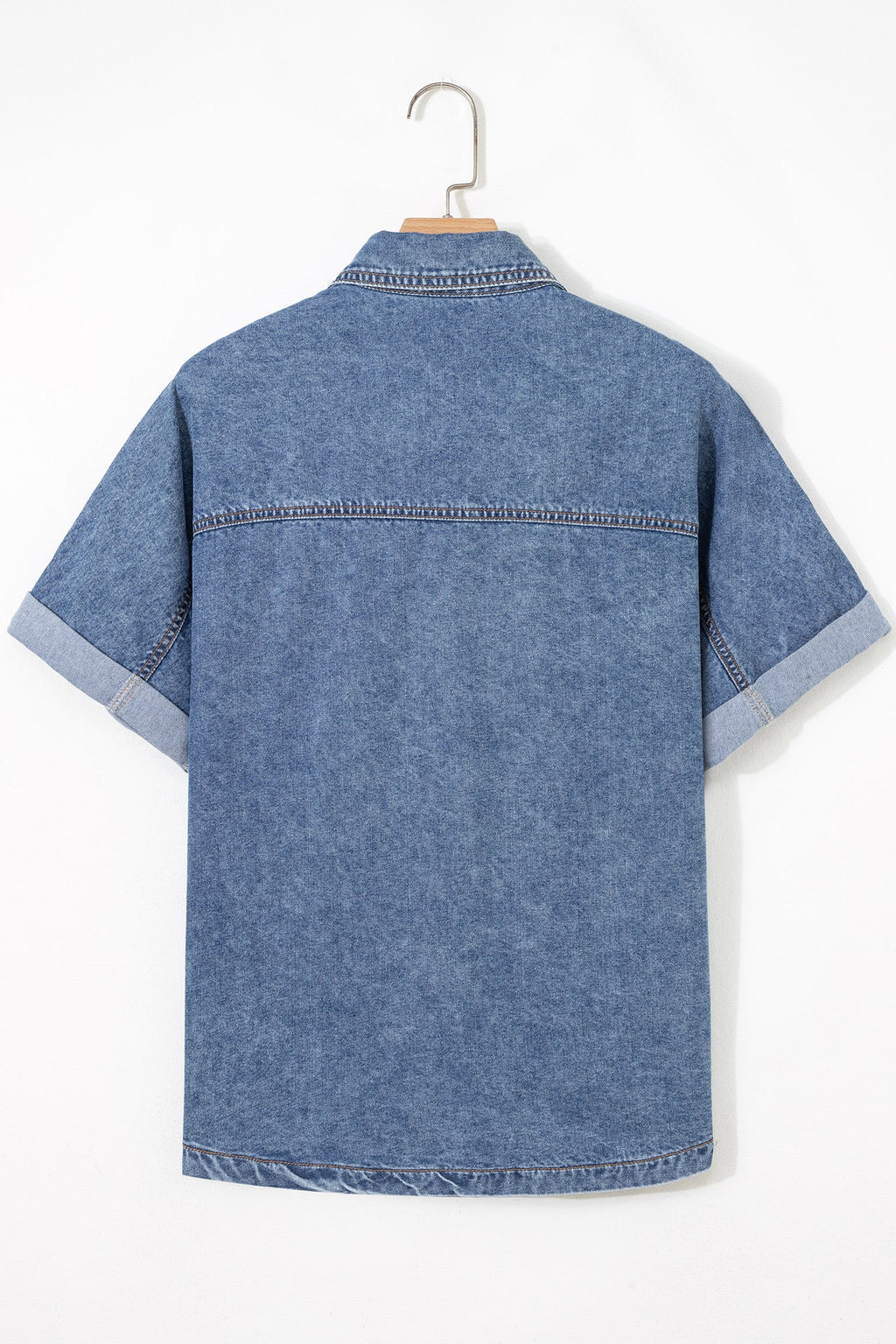 Denim Buttoned Flap Pocket Cuffed Short Sleeve Shirt