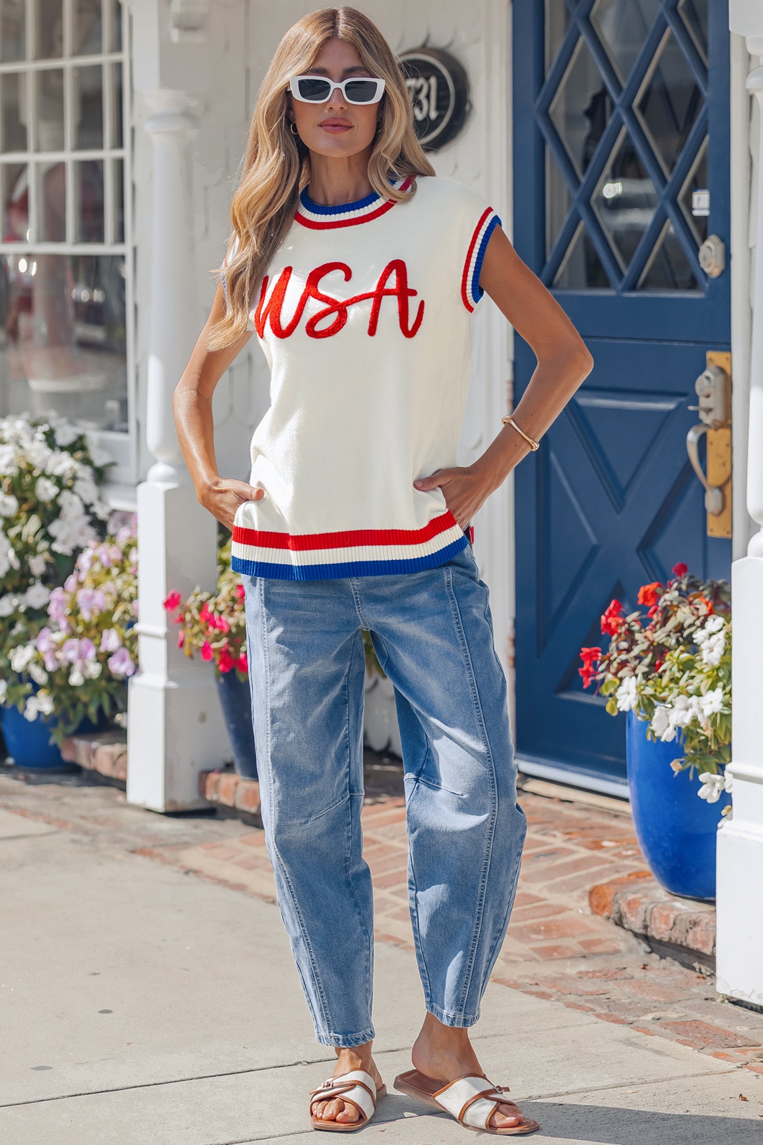 USA Stripe Contrast Trim Short Sleeve Sweater