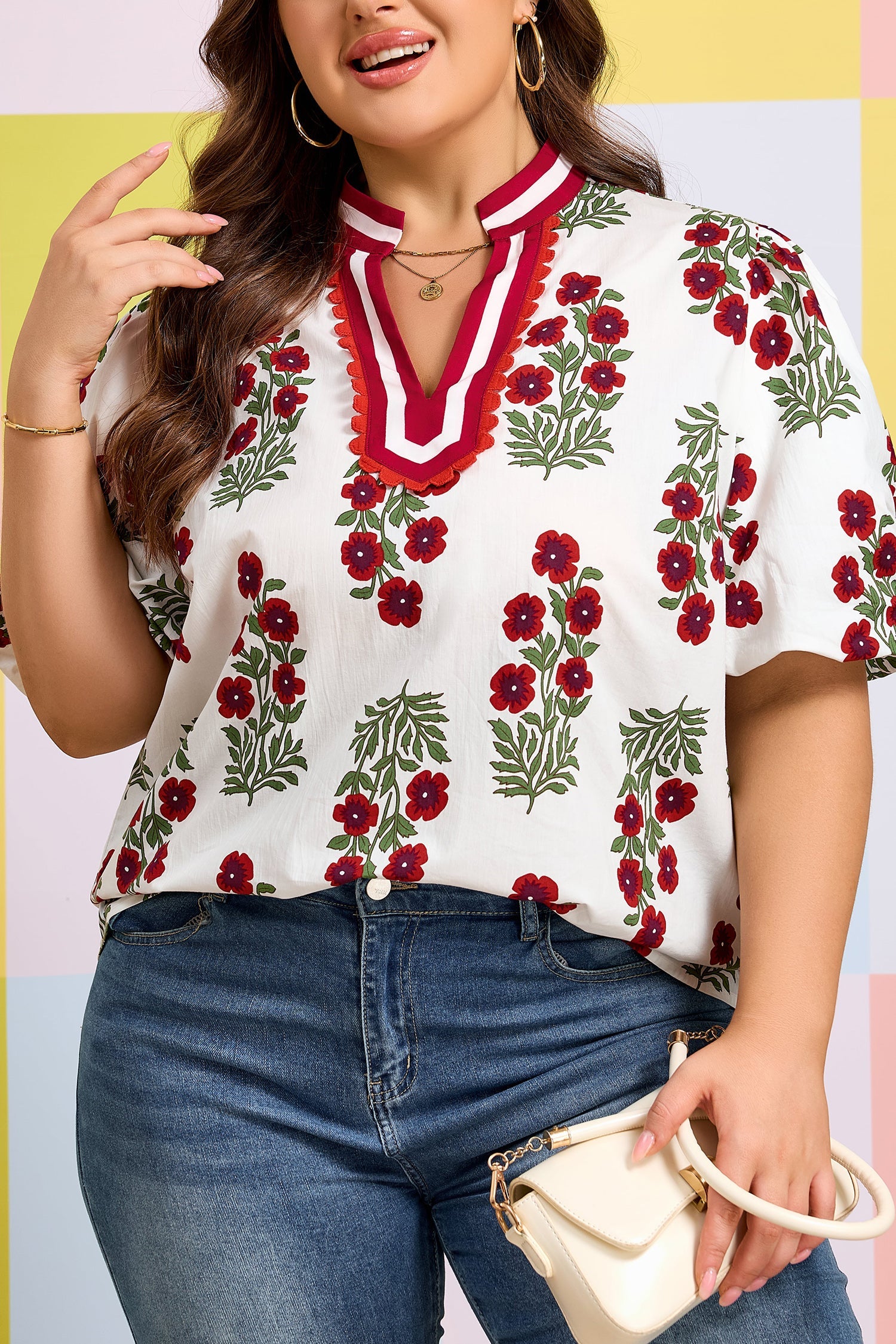 Plus Size Floral Ricrac Trim Short Sleeve Blouse