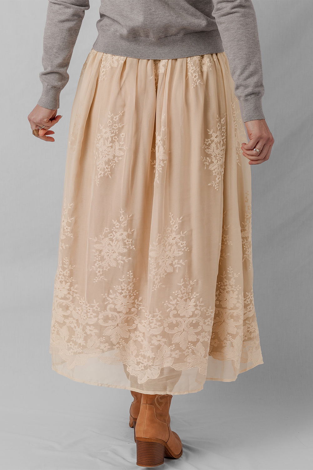 Solid Embroidered Mesh Overlay Midi Skirt
