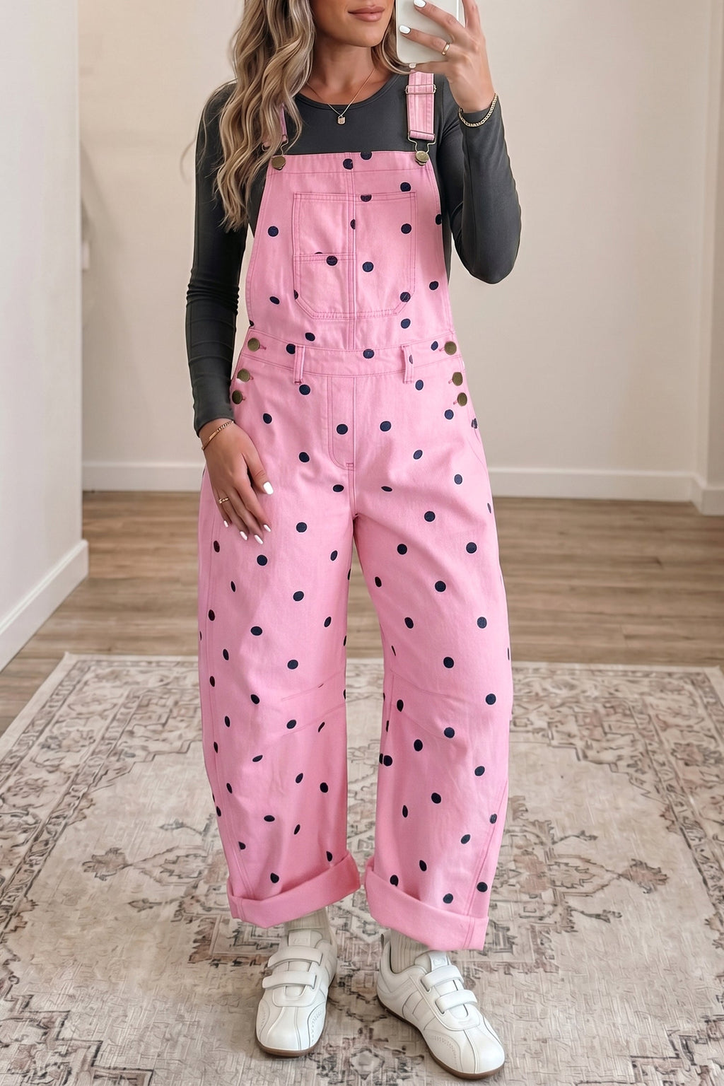 Polka Dot Denim Barrel Leg Overalls Jumpsuit