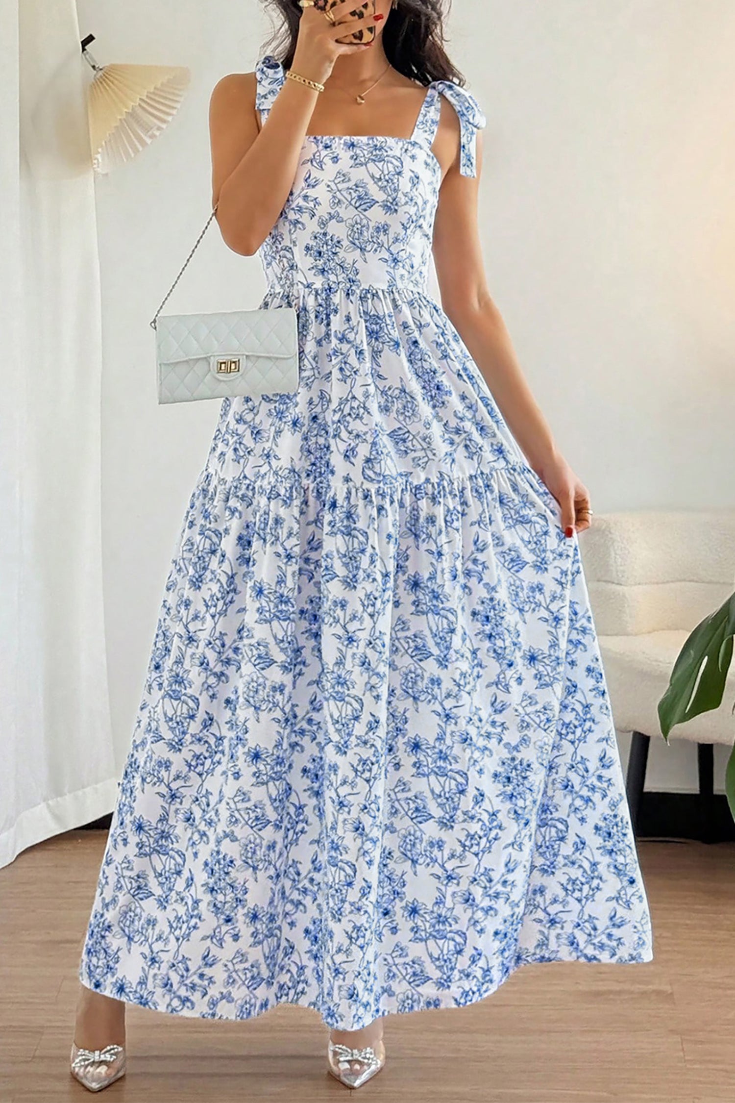 Floral Tie Strap Flared Maxi Dress