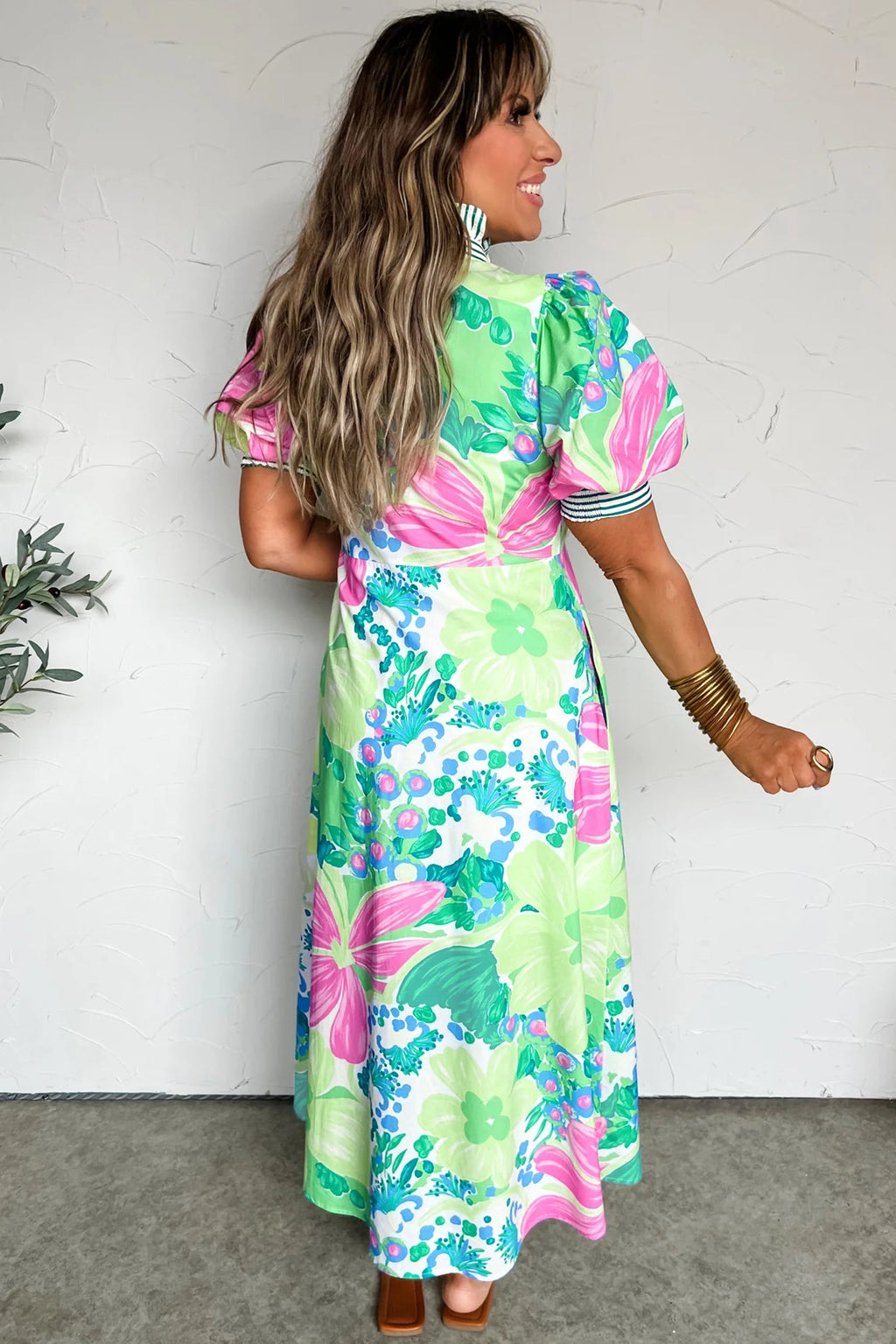Floral Stripe Trim Button Down Vacation Dress