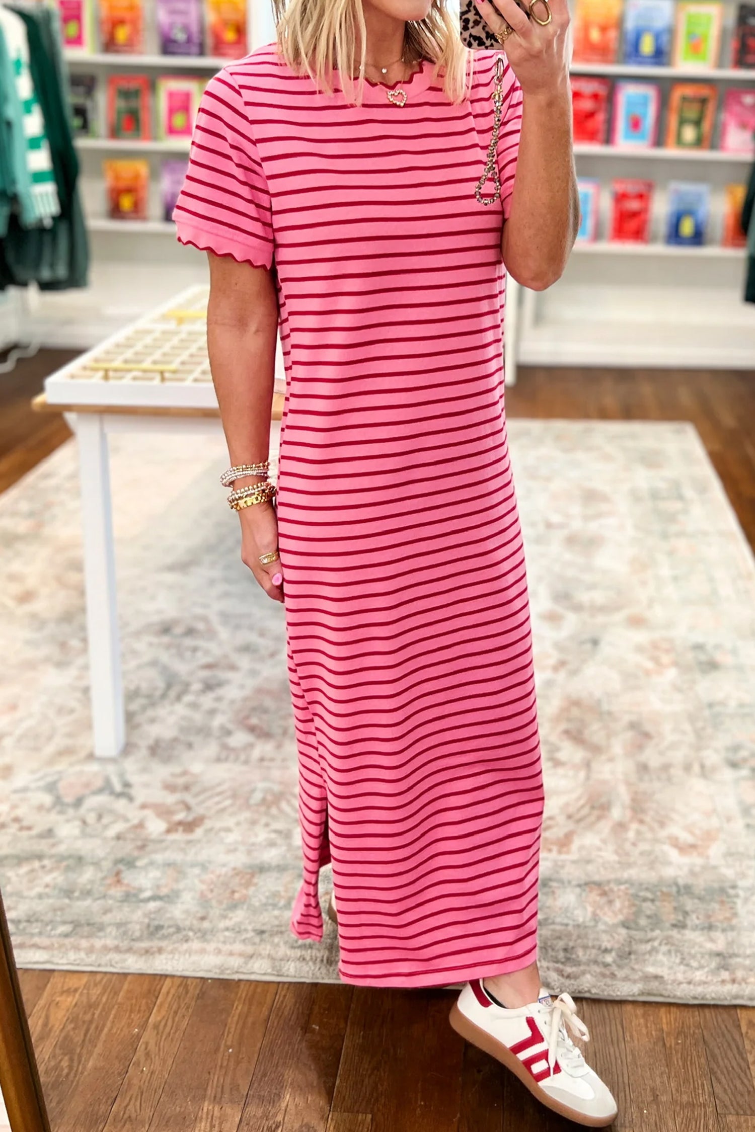 Stripe Scalloped Trim Short Sleeve Side Slit Dress