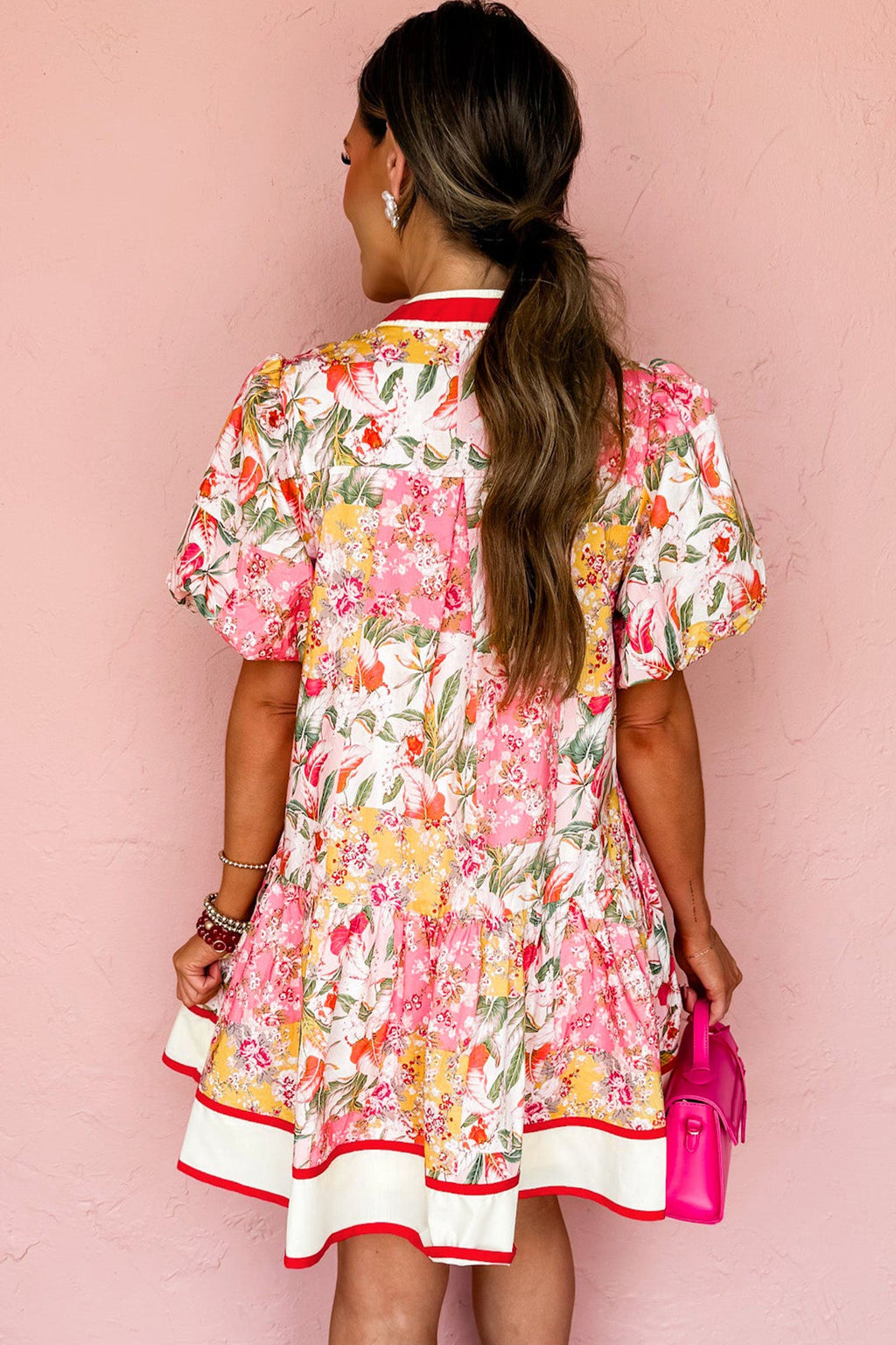 Floral Colorblock Trim V-Neck Ruffle Mini Dress
