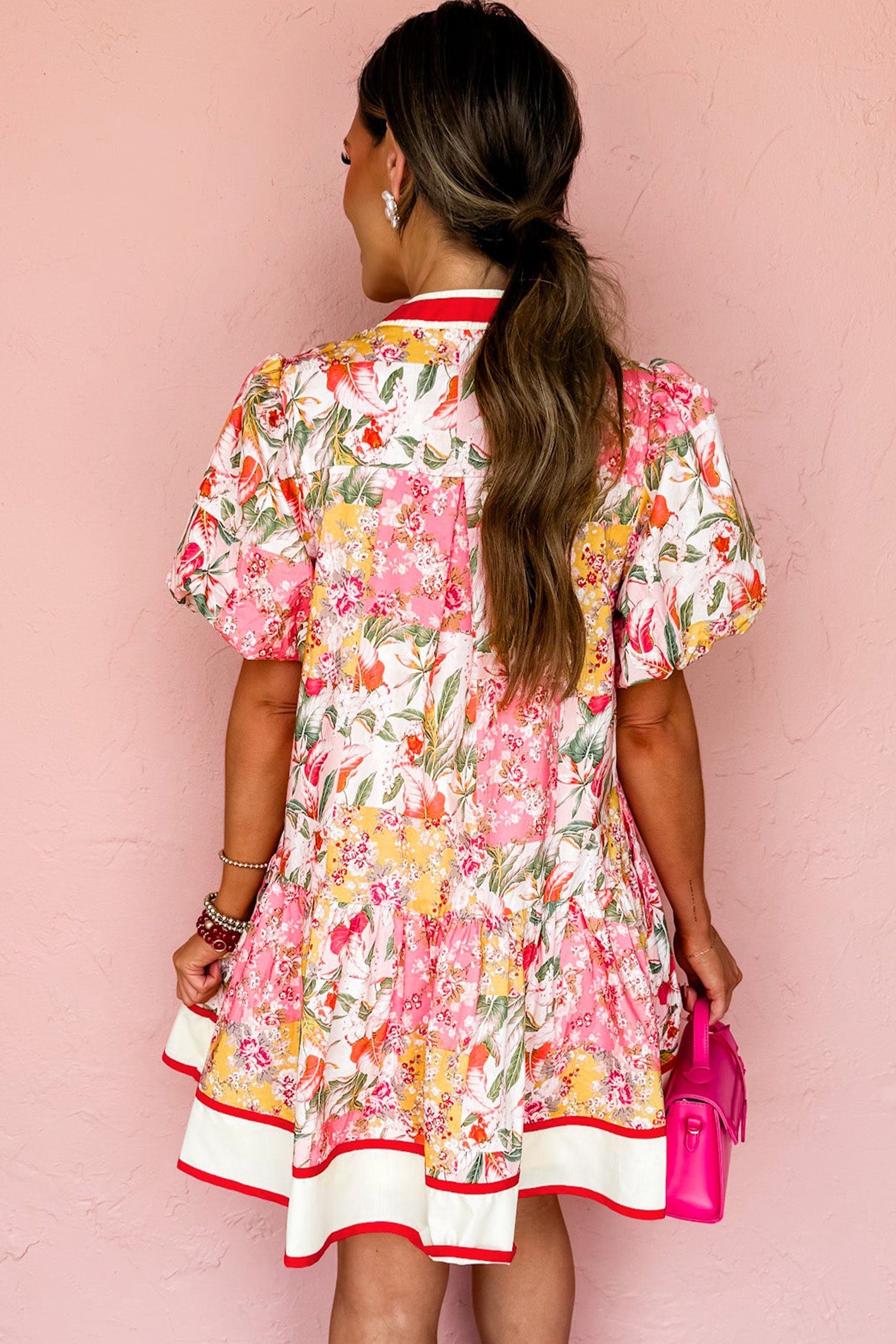 Floral Colorblock Trim V-Neck Ruffle Mini Dress