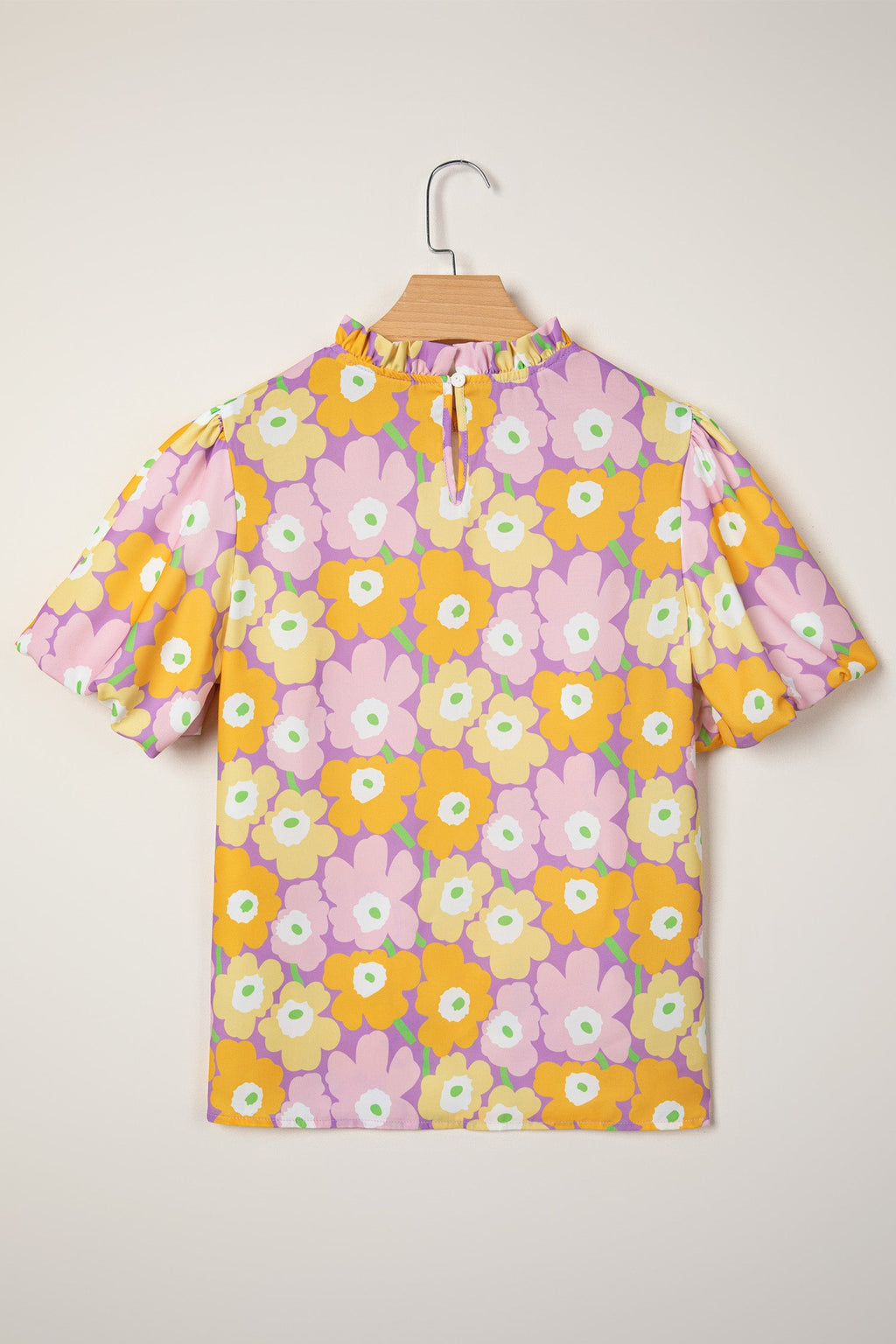 Floral Frilled Neck Puff Short Sleeve Top