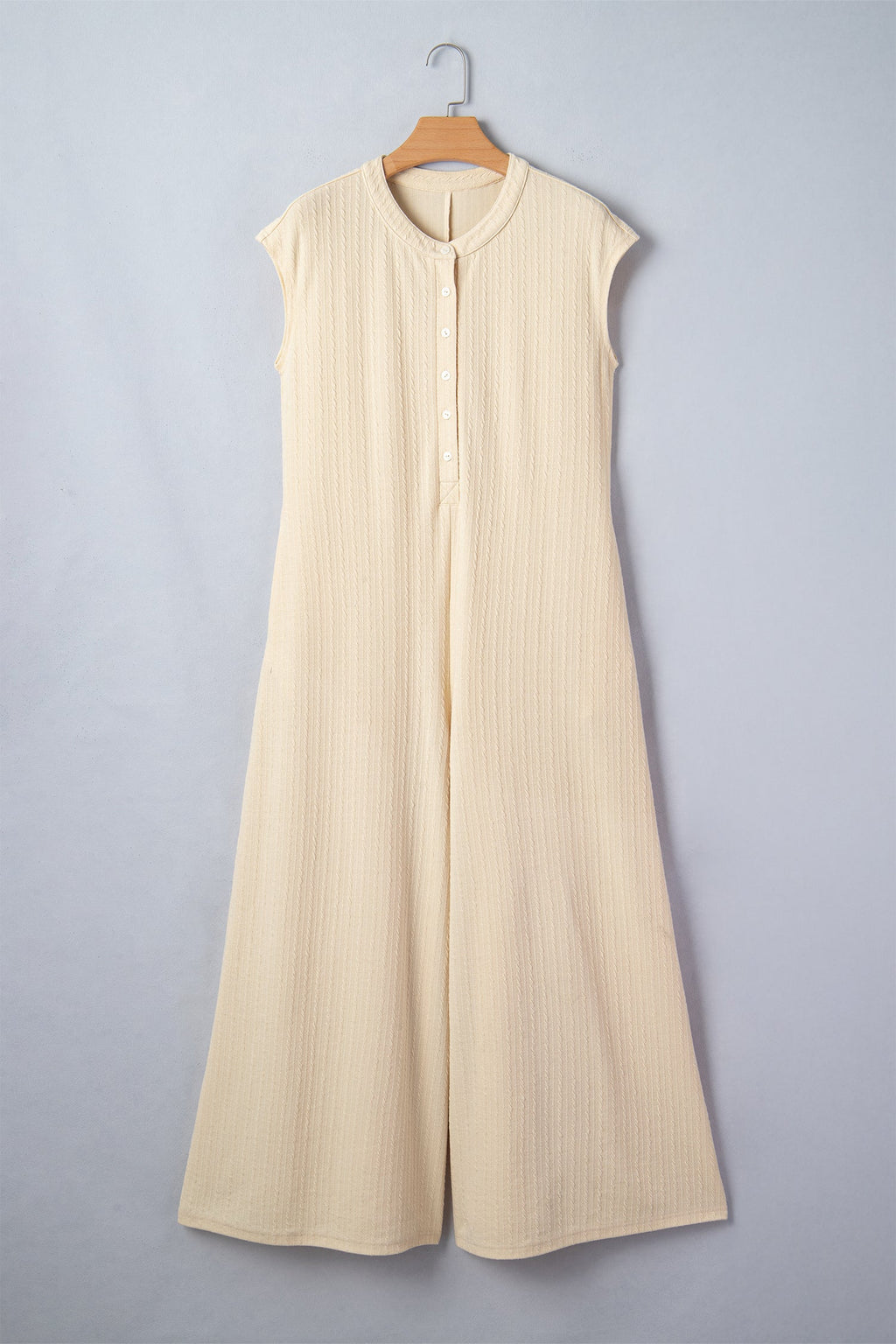 Ribbed Knit Half Buttoned Wide Leg Jumpsuit