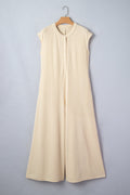 Ribbed Knit Half Buttoned Wide Leg Jumpsuit