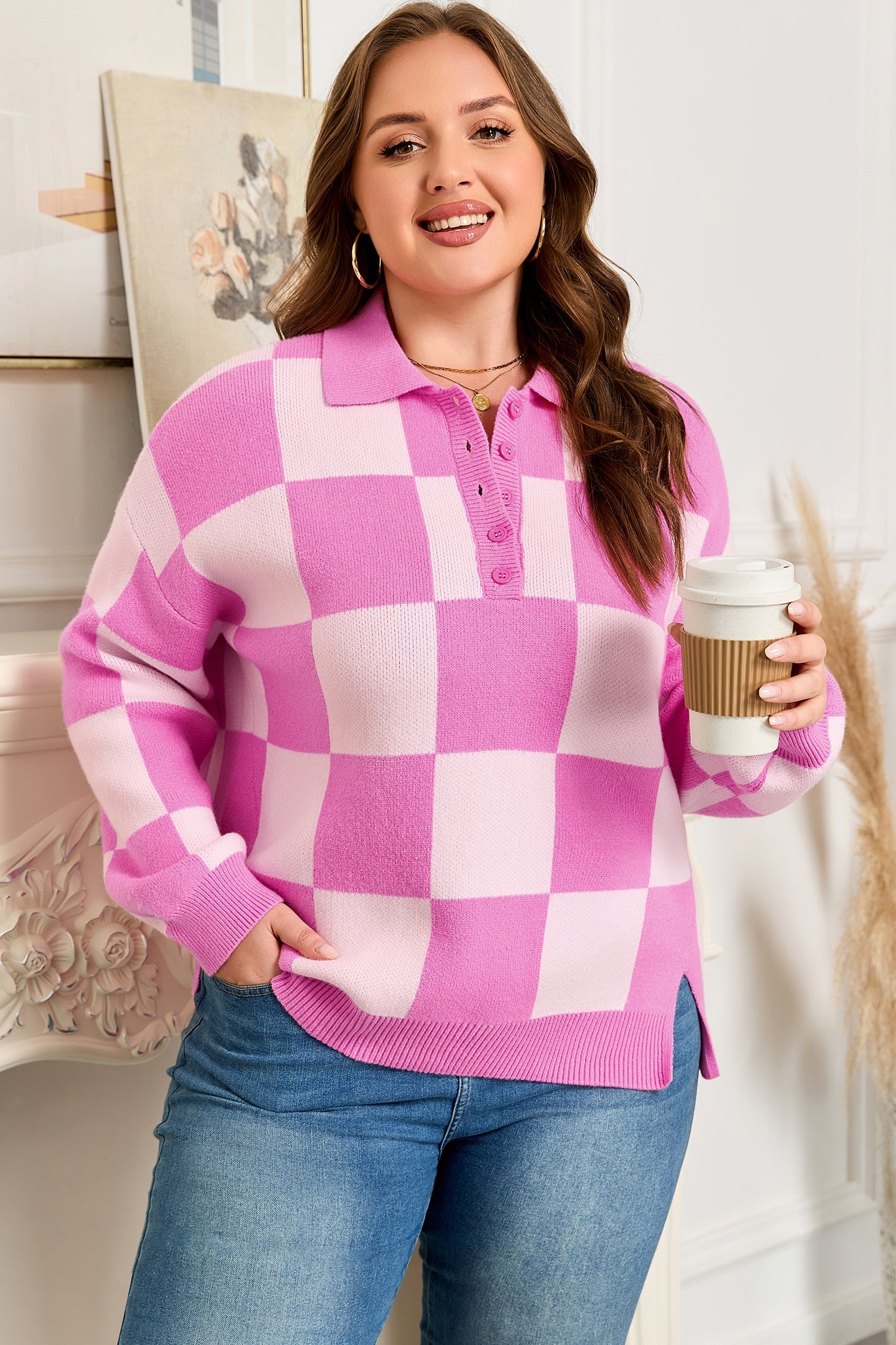 Plus Size Checker Collared Half-Button Henley Sweater