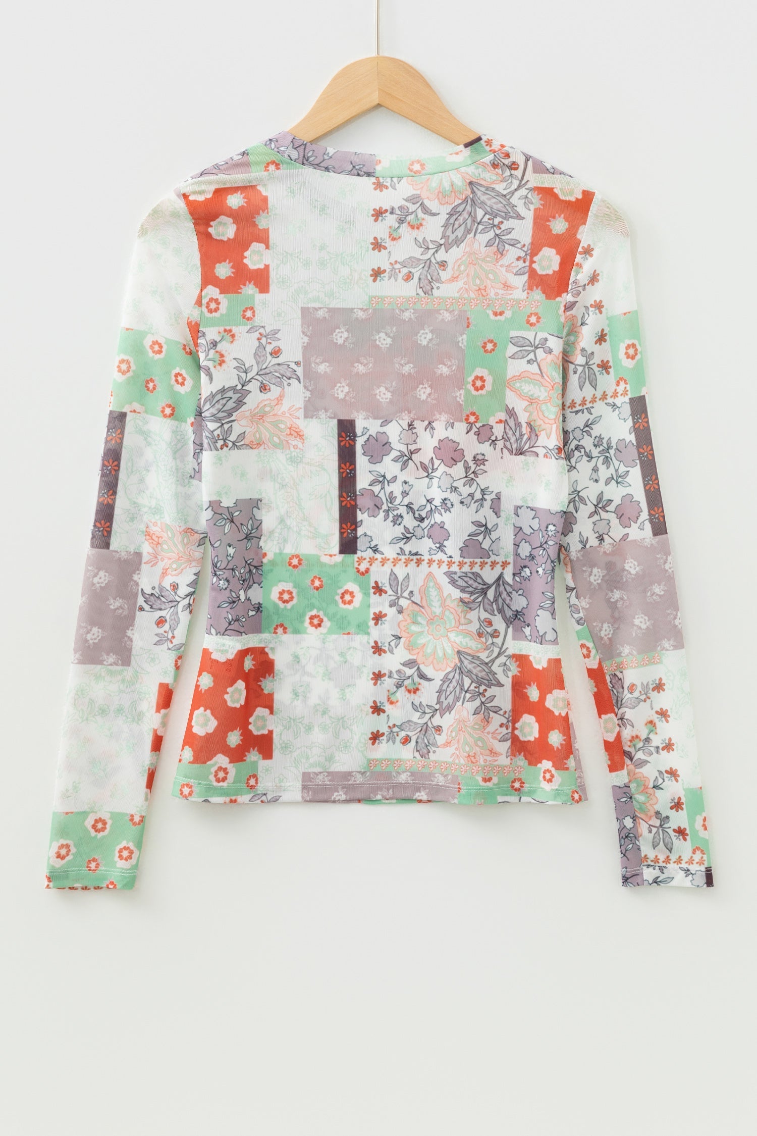 Floral Patchwork Mesh Mock Neck Long Sleeve Top