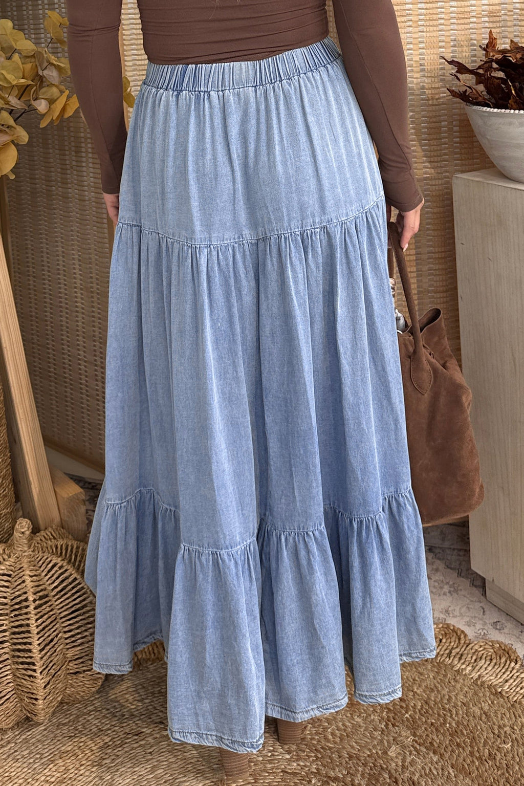 Denim Ruffle Tiered Flared Maxi Skirt