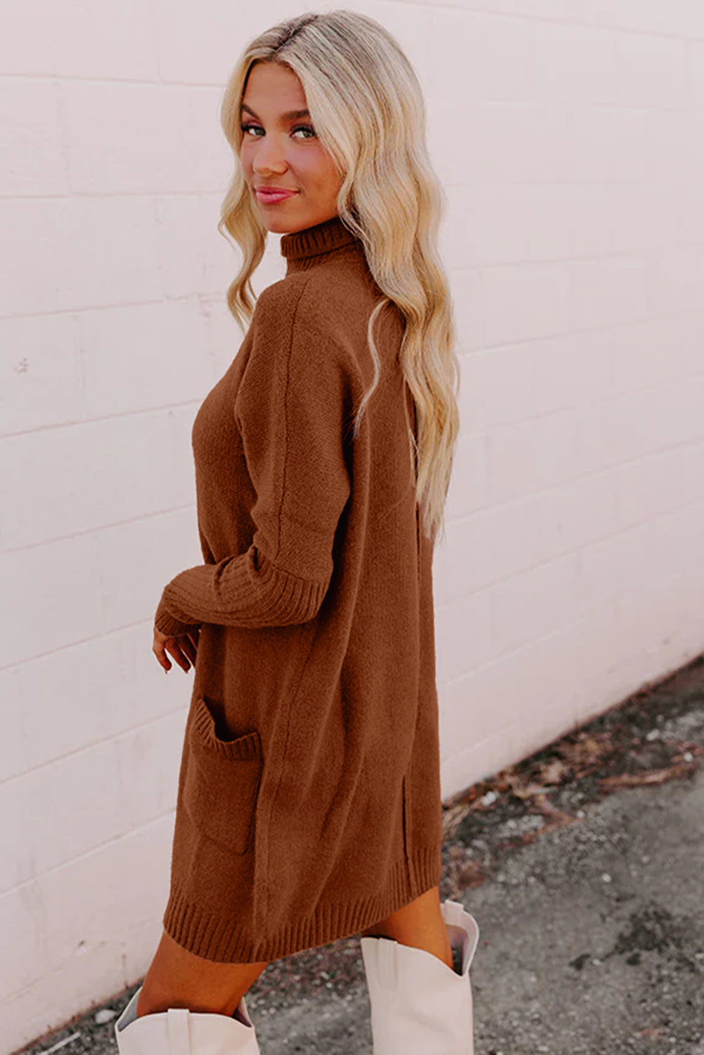 Solid Ribbed Mock Neck Sweater Dress