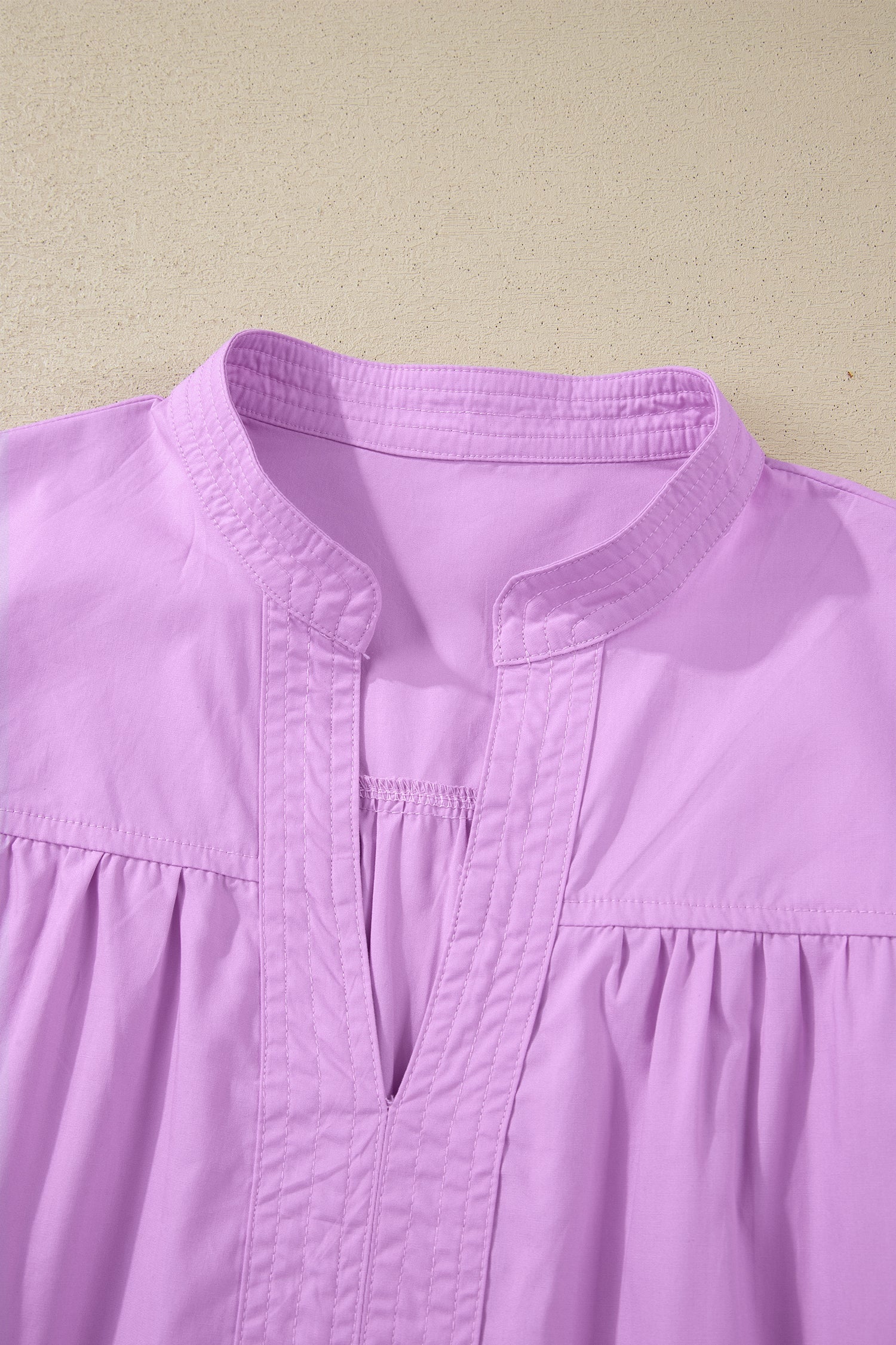 Solid Stitched V-Neck Short Puff Sleeve Blouse
