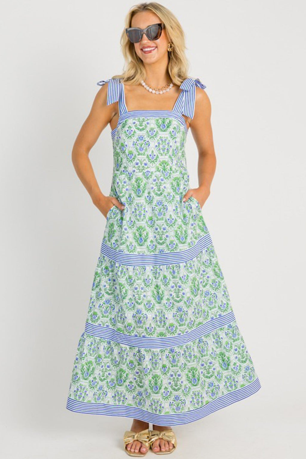 Floral Geometric Stripe Patchwork Sleeveless Dress