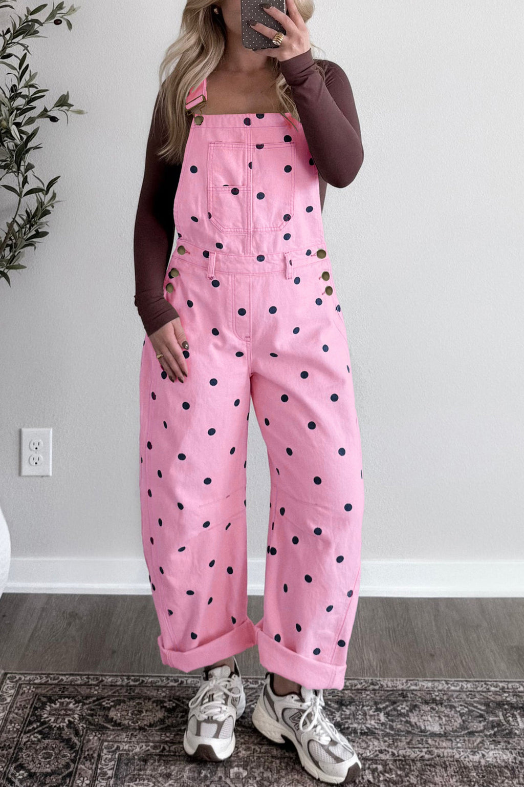 Polka Dot Denim Barrel Leg Overalls Jumpsuit