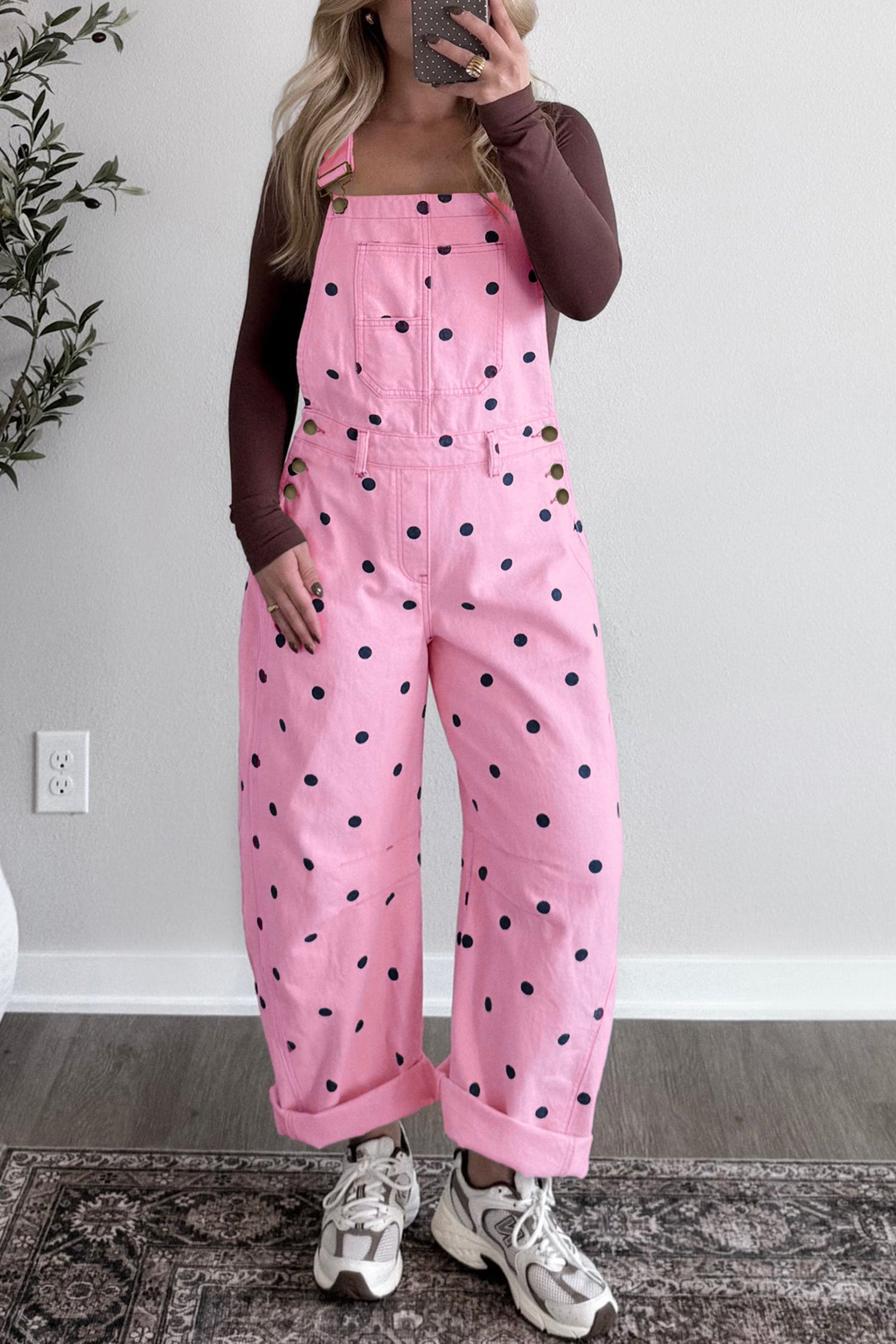 Polka Dot Denim Barrel Leg Overalls Jumpsuit