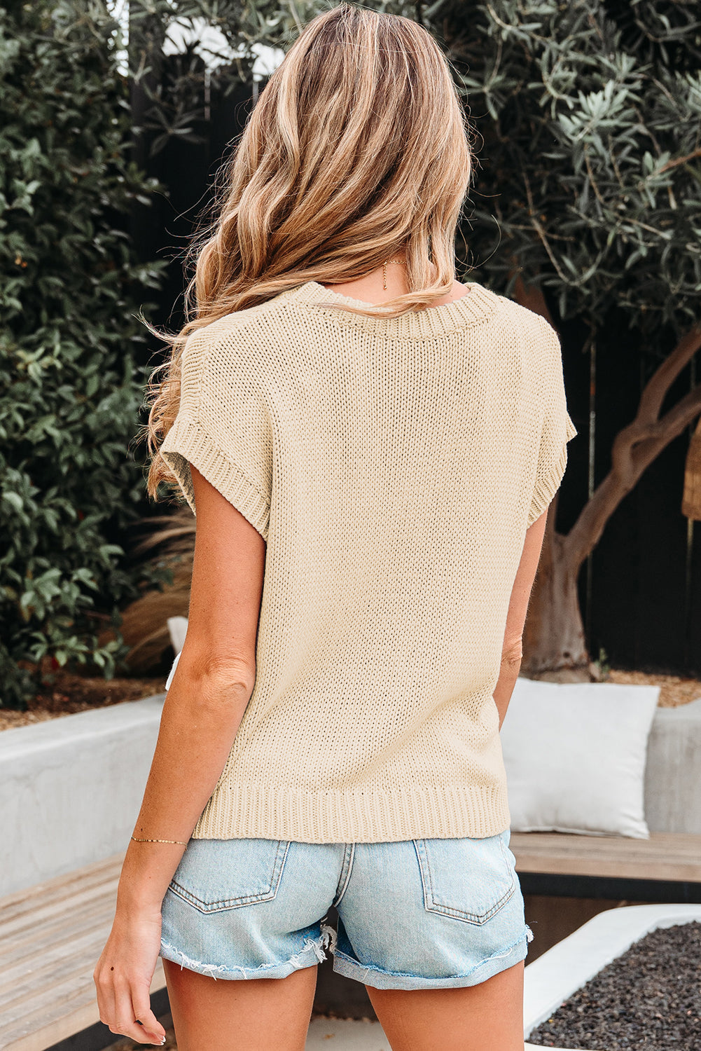 Solid Bow Tie Applique Cap Sleeve Sweater