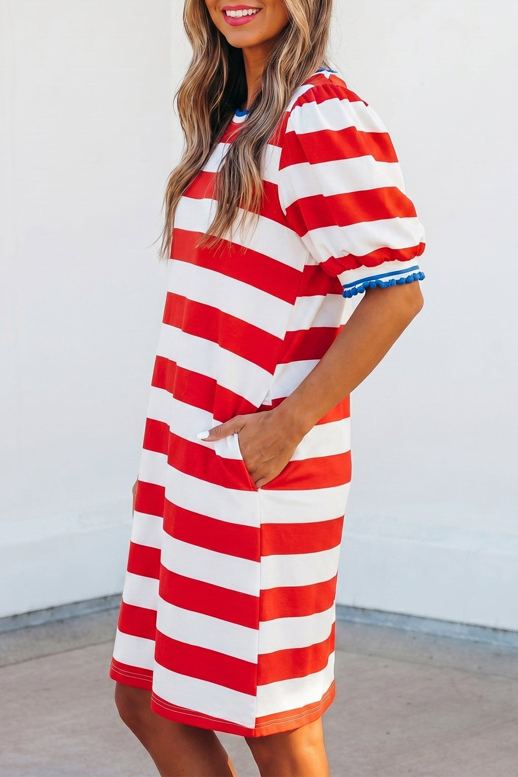 Americana Stripe Contrast Trim Puff Sleeve Dress