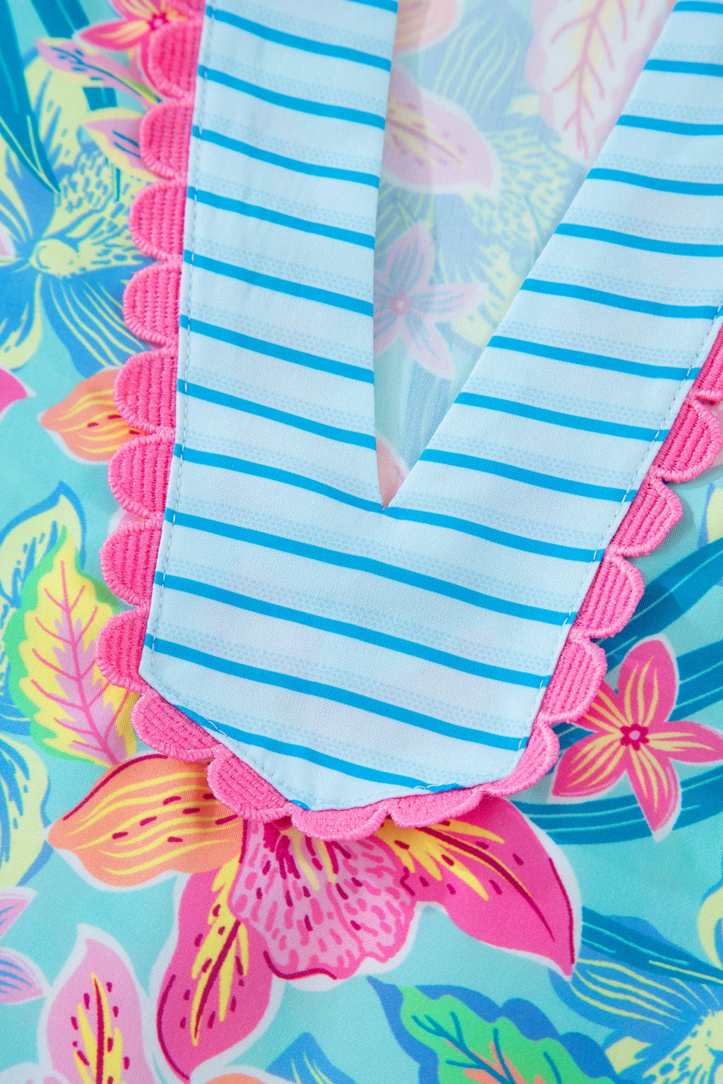 Floral Stripe Scallop Trim V-Neck Tiered Dress