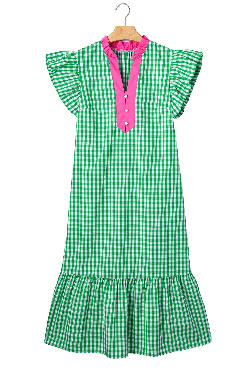 Gingham Colorblock Ruffle Sleeve Midi Dress