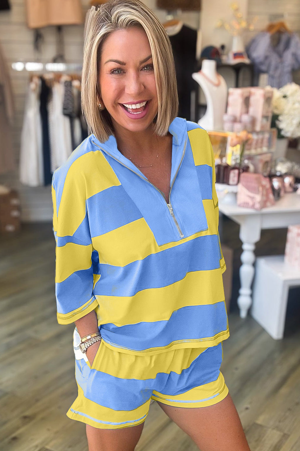 Stripe Half Zip Tee & Elastic Shorts Set