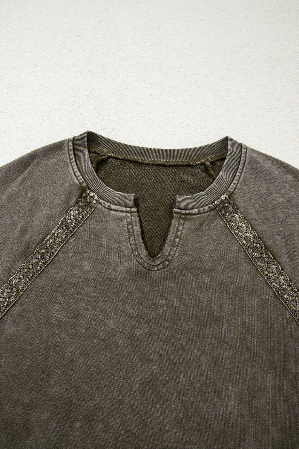 Lace Patchwork Mineral Wash Notched Neck Sweatshirt