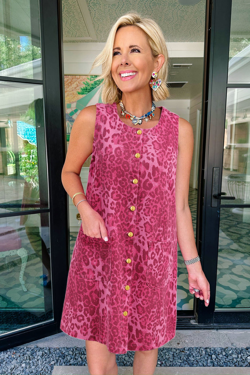 Leopard Denim Buttoned Sleeveless Dress