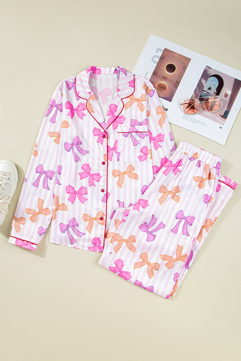 Stripe Bow Tie Shirt and Pants Pajama Set