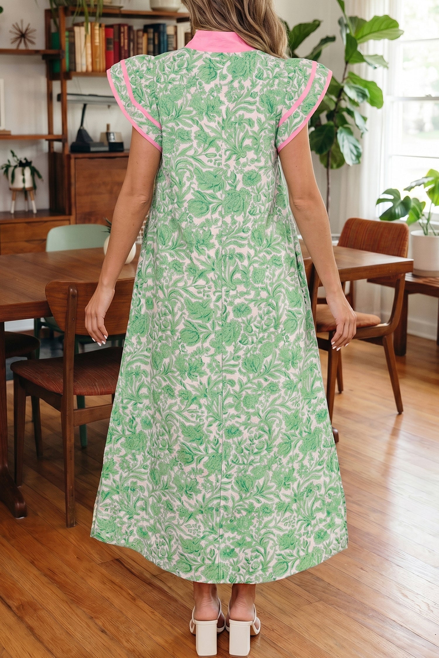 Floral Colorblock Patchwork V-Neck Midi Dress