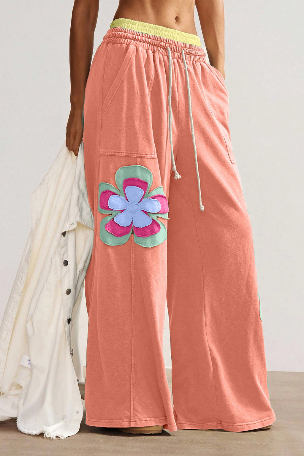 Colorblock Flower Patchwork Drawstring Wide Leg Pants
