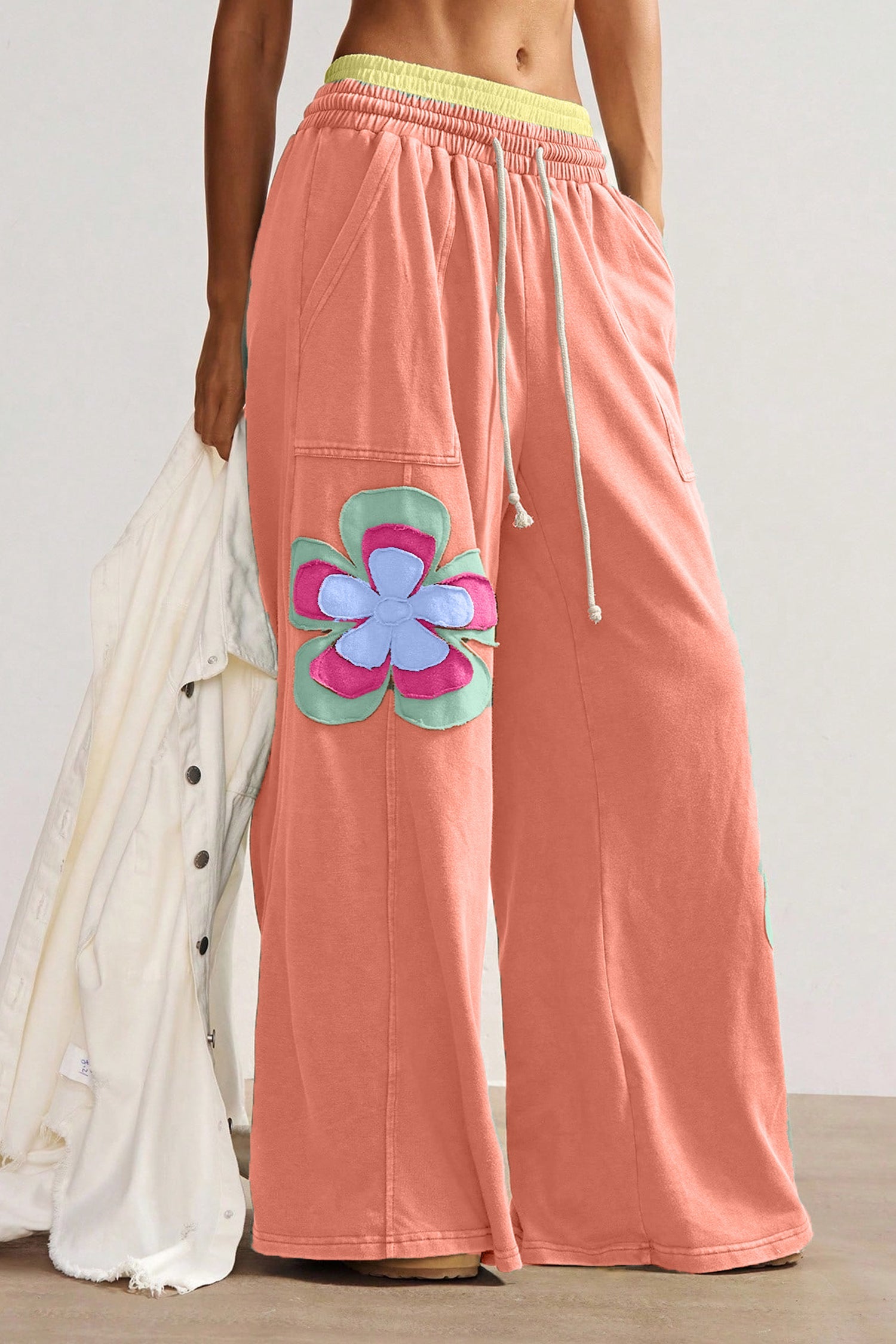 Colorblock Flower Patchwork Drawstring Wide Leg Pants
