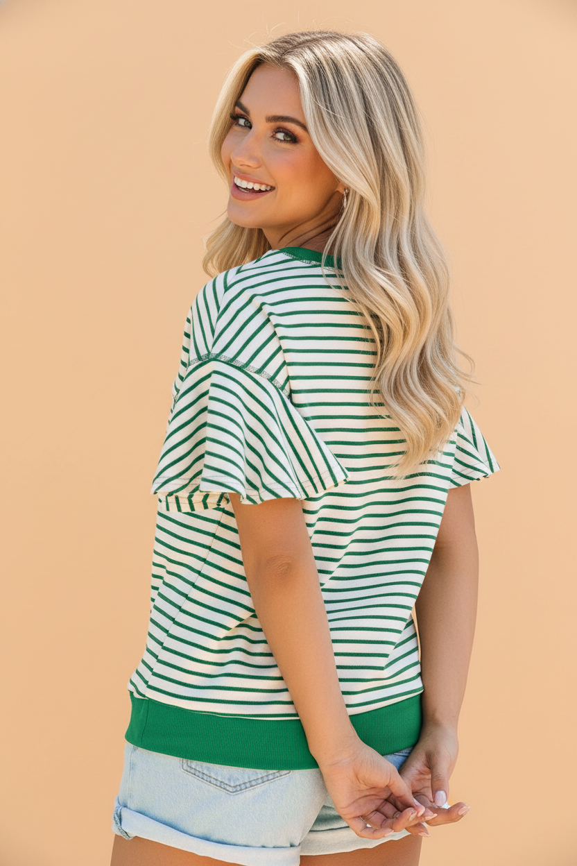 Stripe Contrast Detail Ruffle Short Sleeve Top
