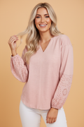 Embroidered Eyelet Patchwork Batwing Sleeve Blouse